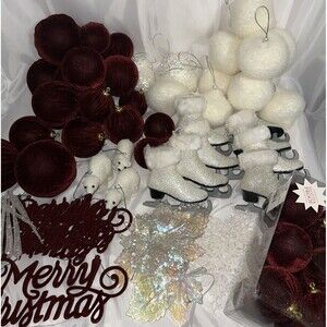 Lot of Christmas Ornaments Burgundy White Ice Skates Icicles Glitter Snowflakes